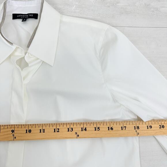 Lafayette 148 White Stretch Cotton Button Up Shirt Size 4 Preppy Long Sleeves - Picture 12 of 16